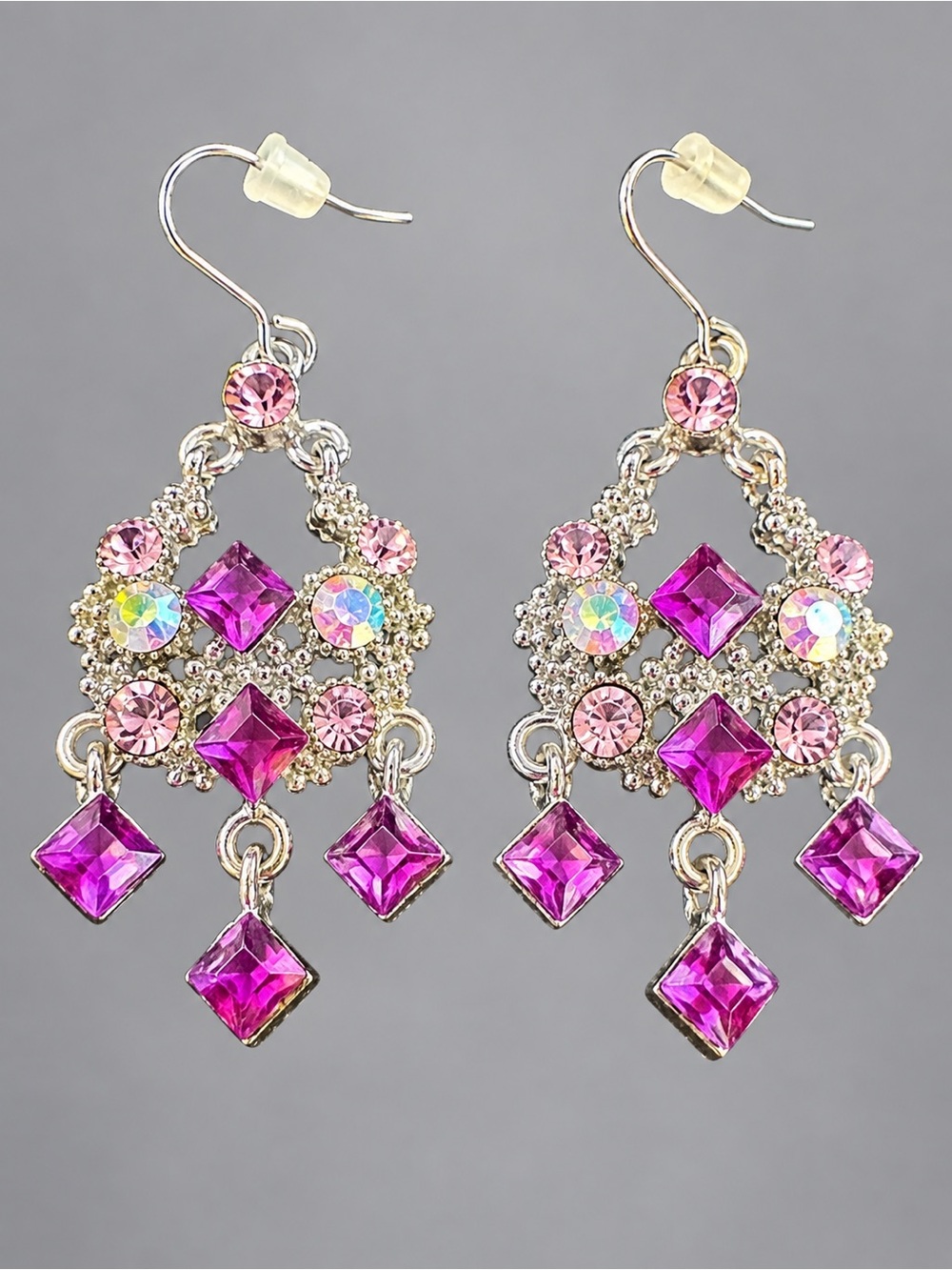 Vintage Purple Pink Rhinestone Chandelier Earrings Silver Tone Dangle